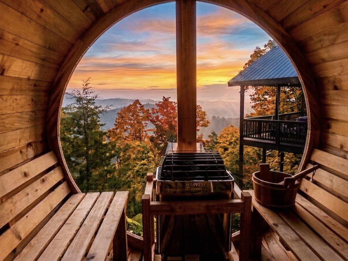 Get steamy in our glass wall barrel sauna while you watch the leaves change across the valley. It doesn't get better than a sun rise over the Great Smoky Mountains!