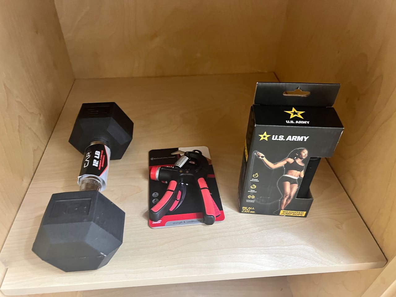 Small workout items and drawer storage available for guest use.
