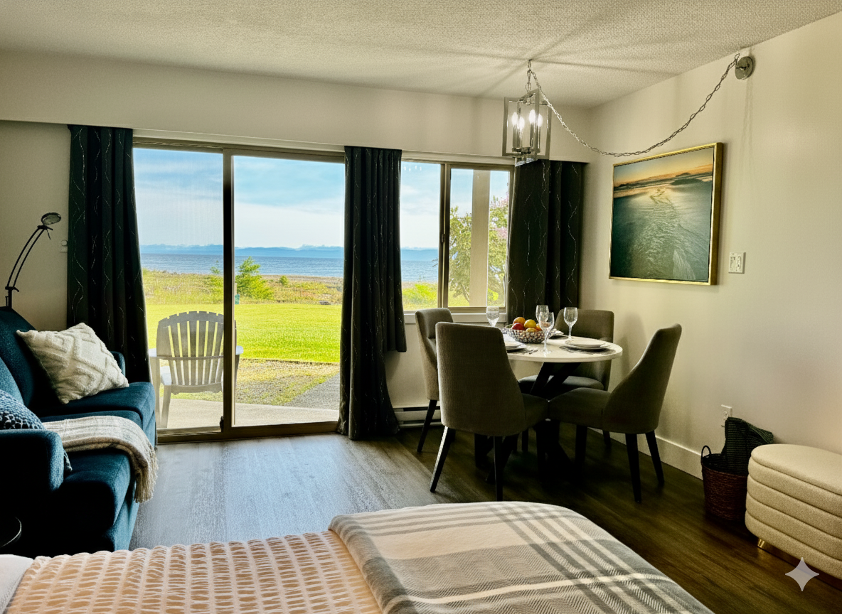 Ocean-front Suite with Coastal mountain views overlooking the Salish Sea.