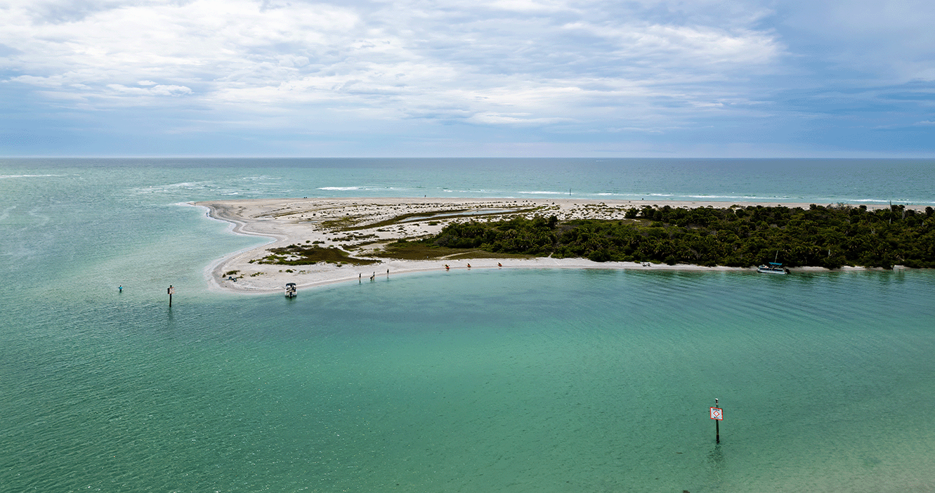 Aerial view of nature trail leading to the water at Stump Pass Beach State Park.