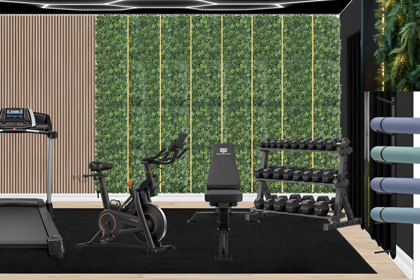 Stay active in this state-of-the-art home gym featuring a treadmill, stationary bike, and full dumbbell set. Enjoy the modern aesthetic of the greenery accent wall and yoga station, providing a premium fitness retreat during your stay.