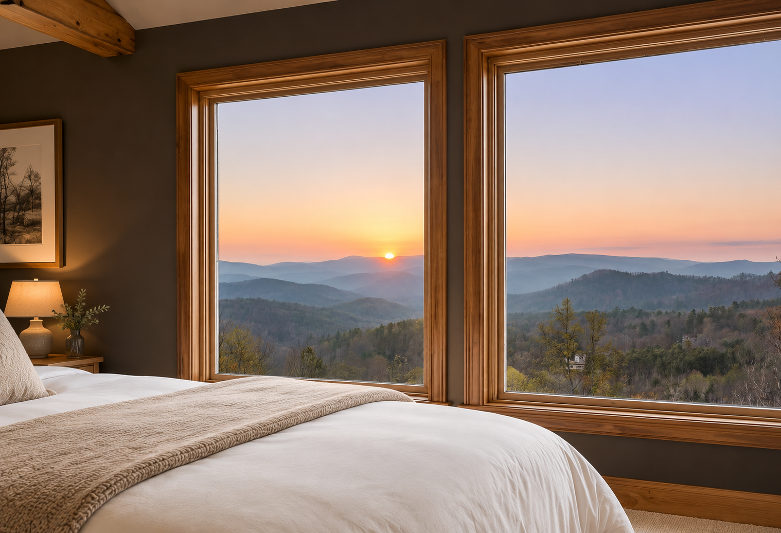 {Mountain View Bedrooms} Wake slowly as the first light spills across the Blue Ridge Mountains, bringing one of Pisgah Forest's most breathtaking views right to your bedside.