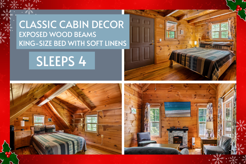Classic wood-beam charm meets modern comfort—sleeps 4 with king & queen beds.