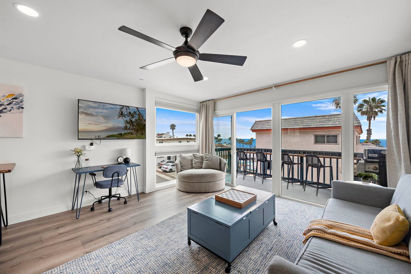 The living room as a large smart TV with Amazon Prime, Netflix, Disney, Hulu, Sling, Peacock, Equinox Fitness, Pandora and over 300 purchased movies for family movie night :)