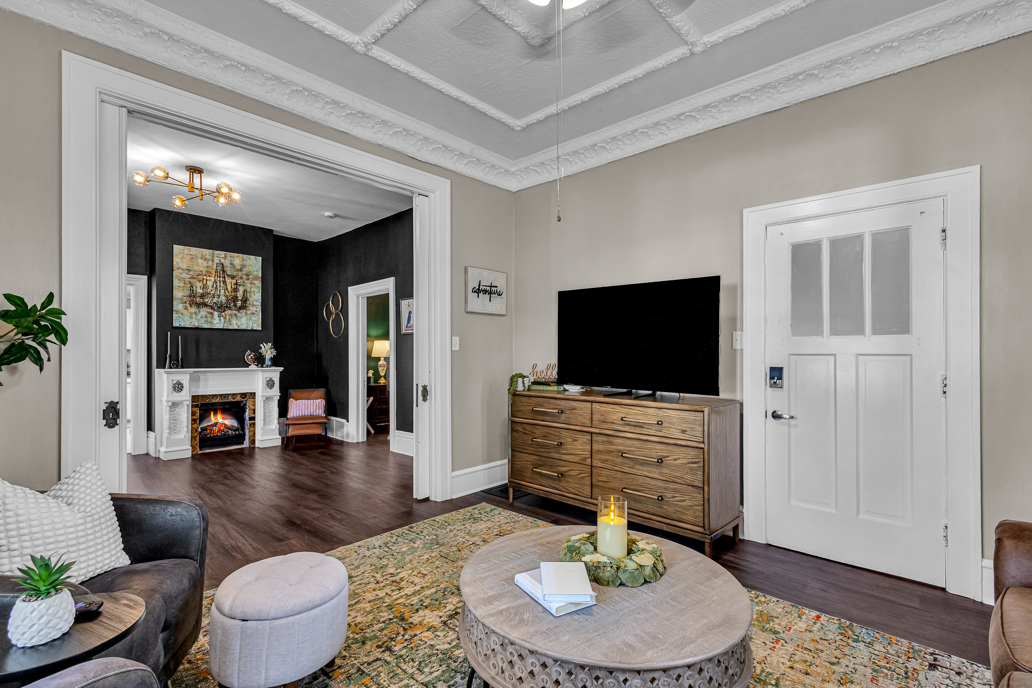 View from lower-level living room into dining room
