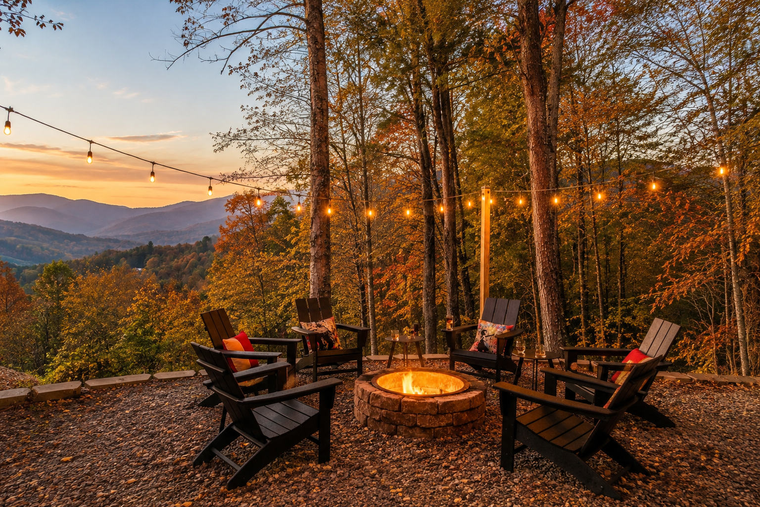 Gather around the fire as the sun sets over the mountains, surrounded by the warm colors of fall.
