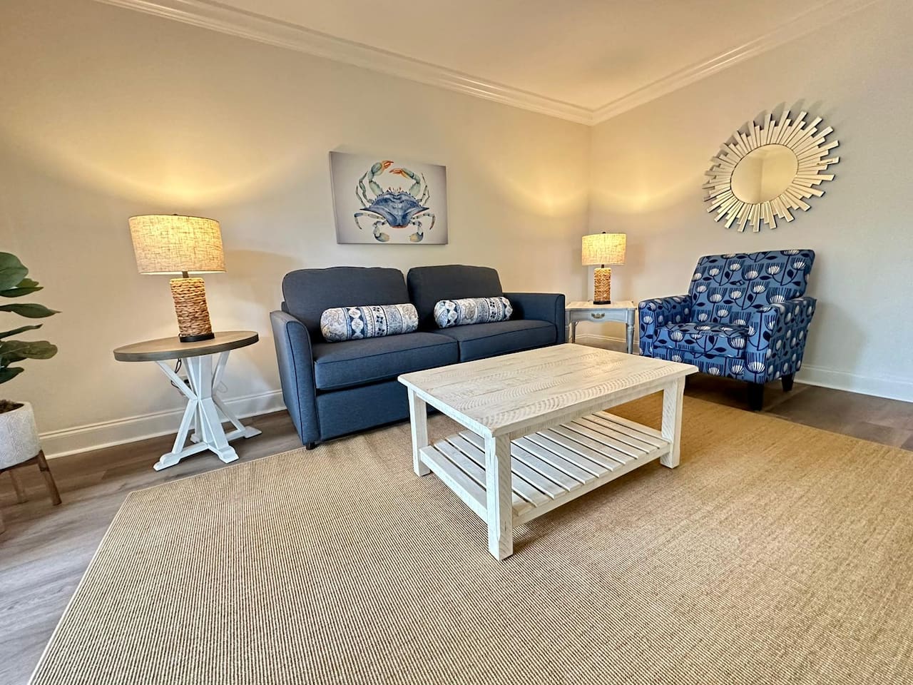 Living room with sofa and armchair