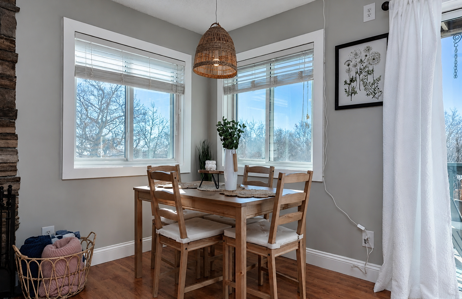 Dining area for four. Additional seating available on chairs and sofa with tray tables for dining. Cook, gather, and connect—everything you need is here