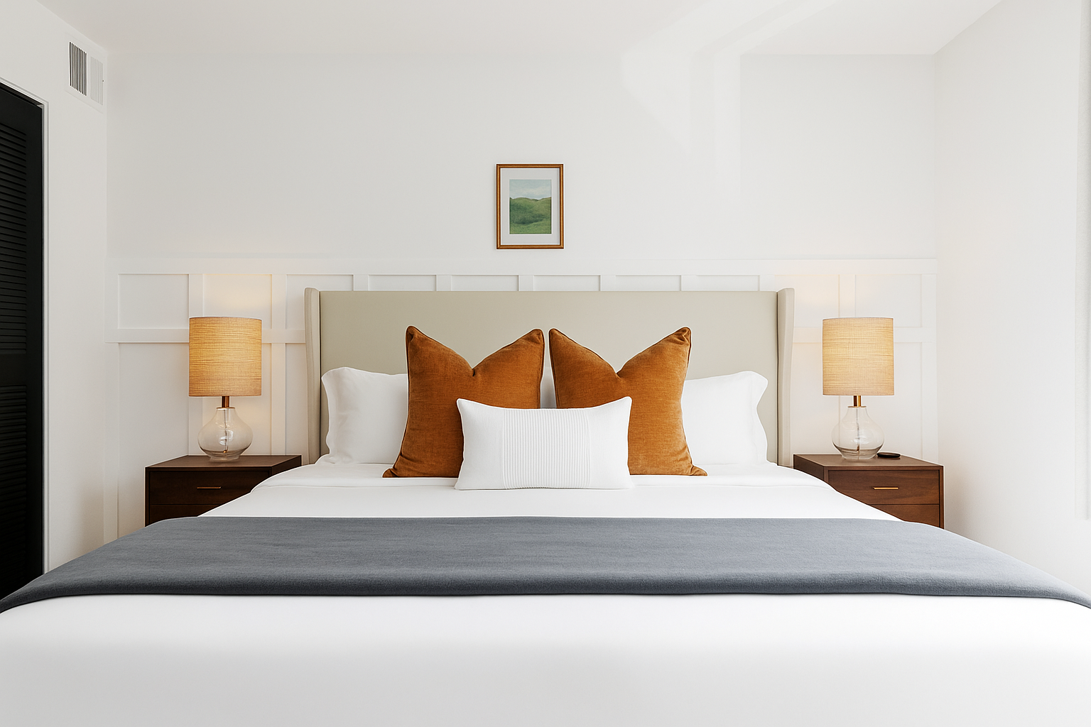 Rest easy in this peaceful bedroom with a king-size bed, soft lighting, and a striking wood accent wall.