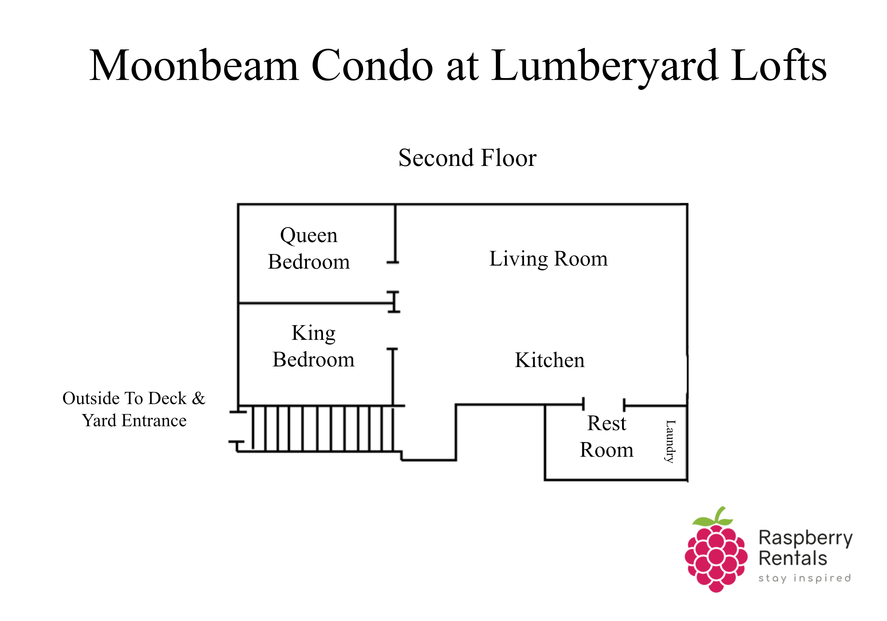Floorplan for Moonbeam Condo showing entrance up a flight of stairs, into a large living room with galley kitchen. One rest room off kitchen, and one queen and one king bedroom off the living room.