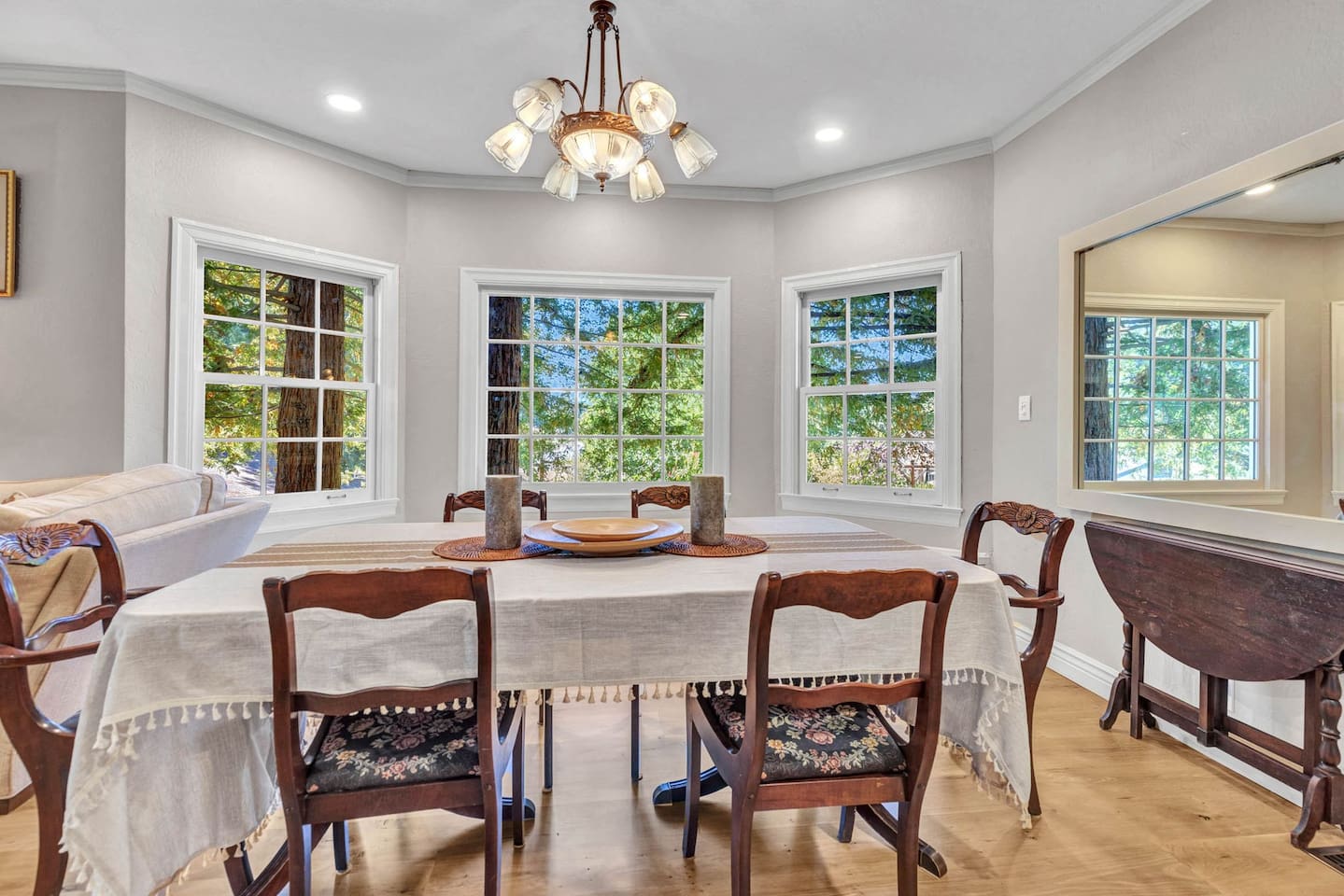 Dining room with table that seats 6.