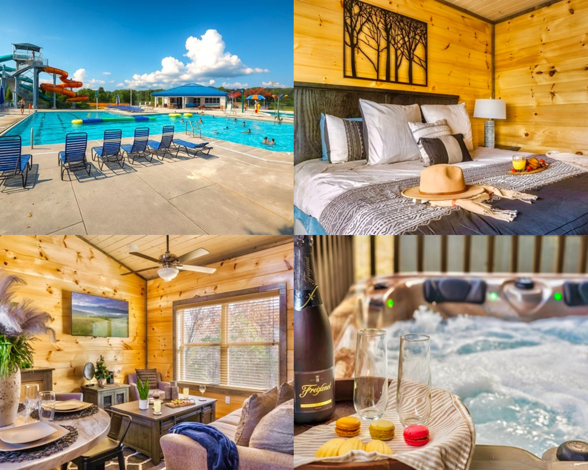 Wake up to birdsong and a fresh mountain breeze, then spend your day between sparkling resort pool which is 5 miles away, cozy cabin comforts, warm wood interiors, and evenings soaking in a private hot tub under the stars.