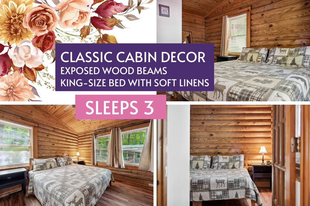 Rustic charm meets plush comfort in this king-bed retreat.