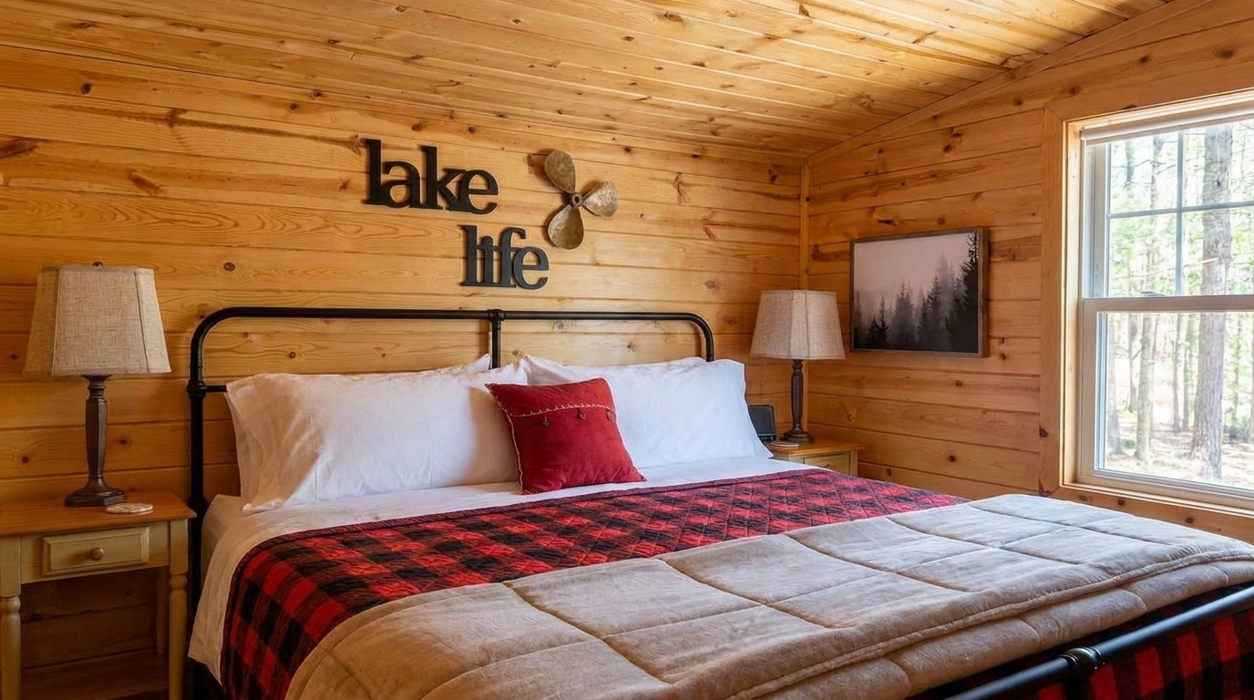 Upstairs you’ll find a second king bedroom with cozy cabin details and a Roku Smart TV, ideal for unwinding in comfort and privacy. King Bed - Upper Level, Bedroom 3 