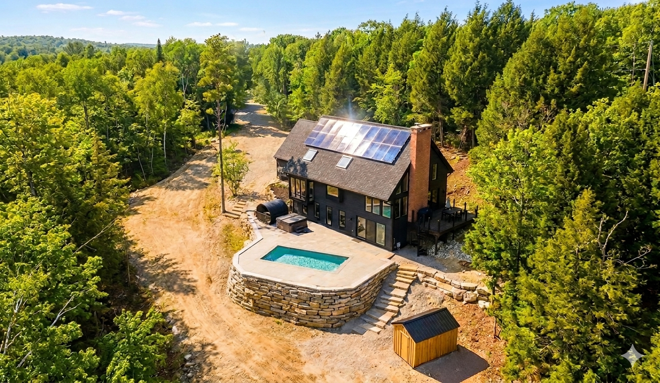 Indulge in the ultimate spa retreat featuring your brand new heated pool, barrel sauna, and a secluded hot tub, surrounded by nature and total privacy.