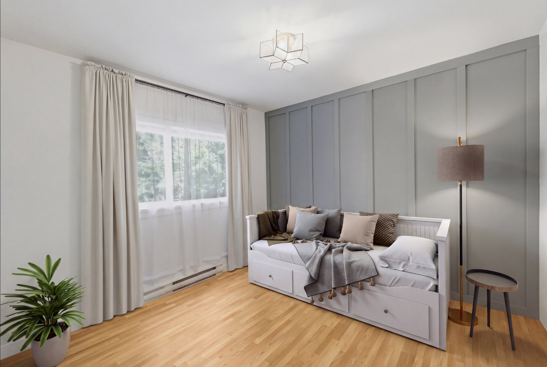 This room can be either a crib room or a King room (Ikea day bed that pulls out to a King)

* Photo has used AI technology to show this set up