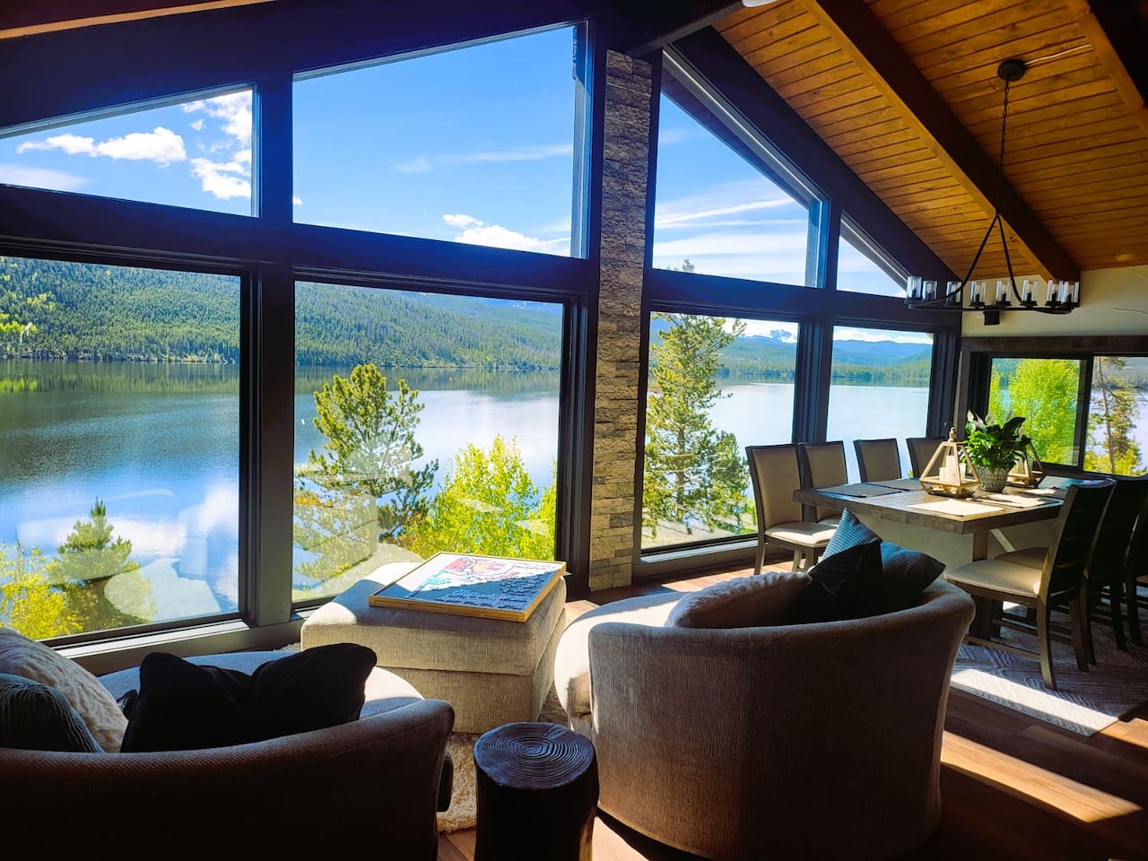 Come take in the 180* unobstructed indoor lakeside mountain views that you can enjoy year-round!