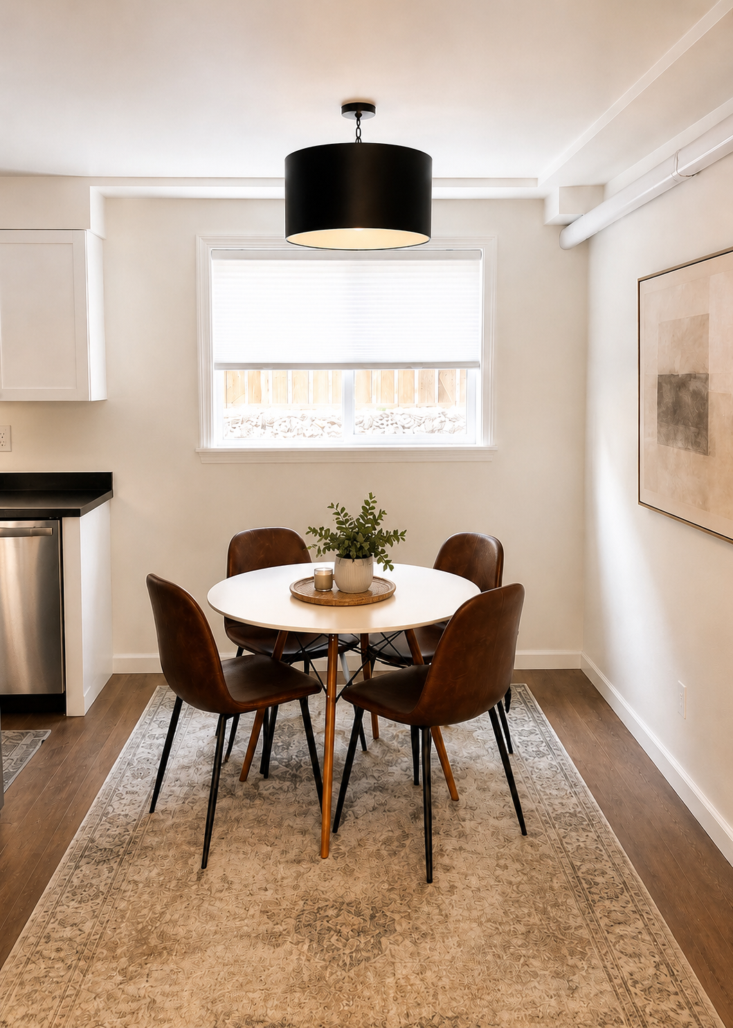 Cozy dining area with seating for four, perfect for meals, games, or gathering together.