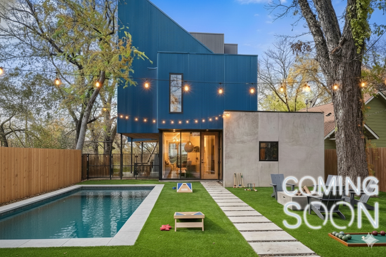 Currently being built: brand new pool, turf yard with string lights, fire pit and yard games!