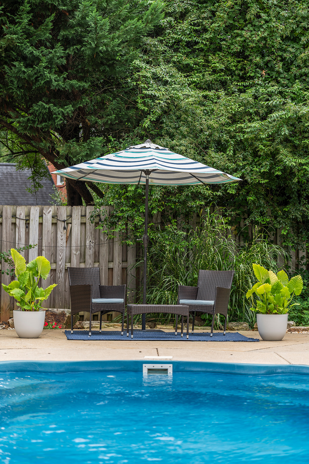 Outdoor Oasis: Dive into relaxation by the shimmering pool with stylish seating and vibrant foliage!