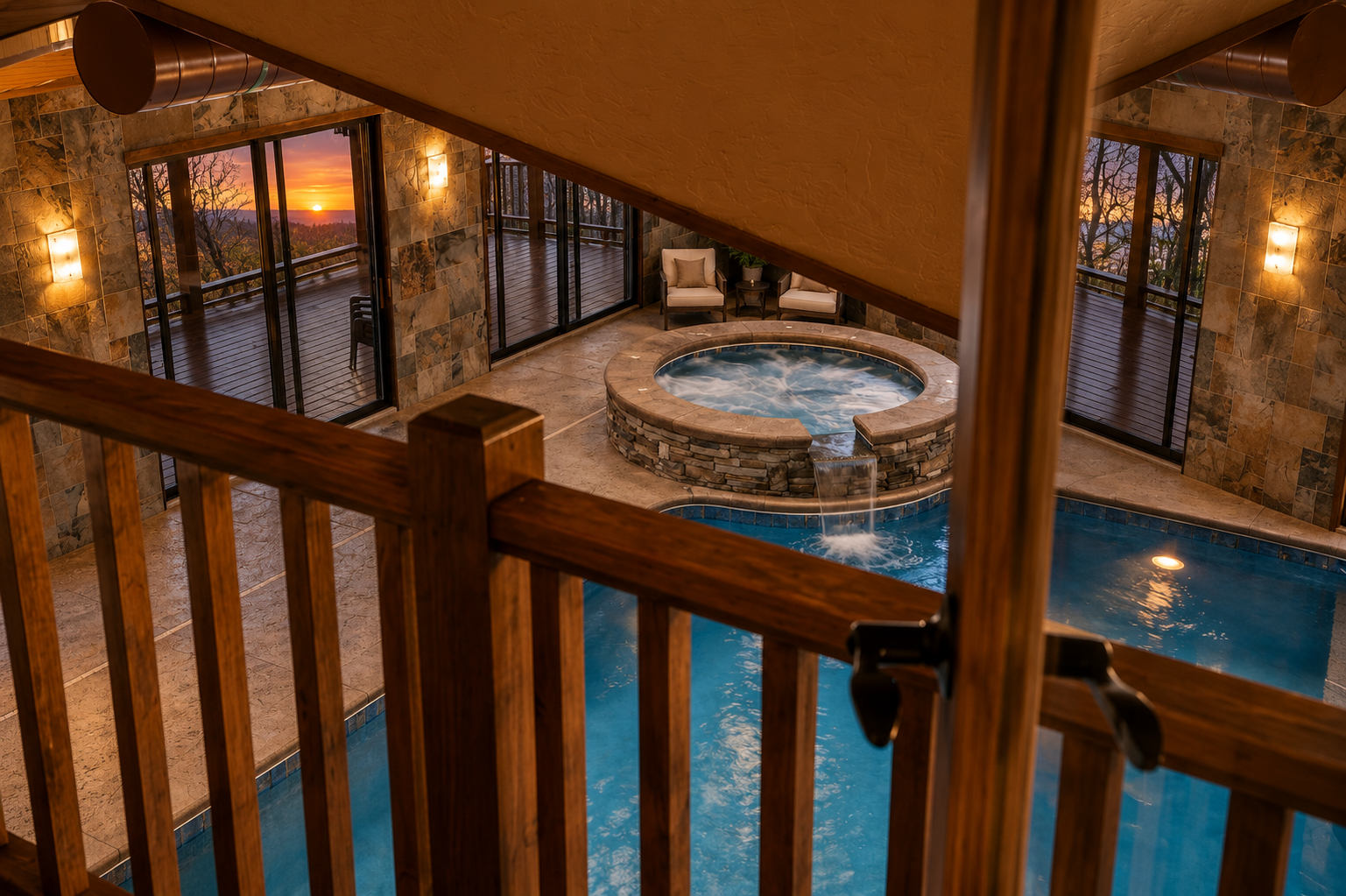 {Indoor Pool & Spa} Rain or shine, enjoy year-round swims, relaxing soaks in the spa, and unforgettable moments in your private indoor pool retreat.