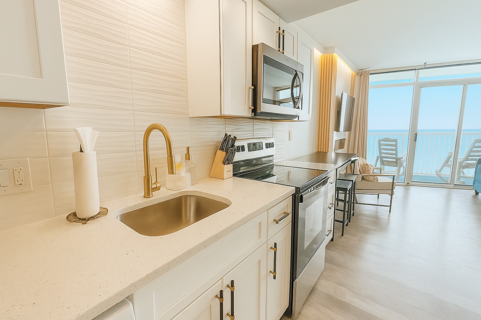 Modern kitchen with a view, Fully stocked and ready to go for a family meal. 