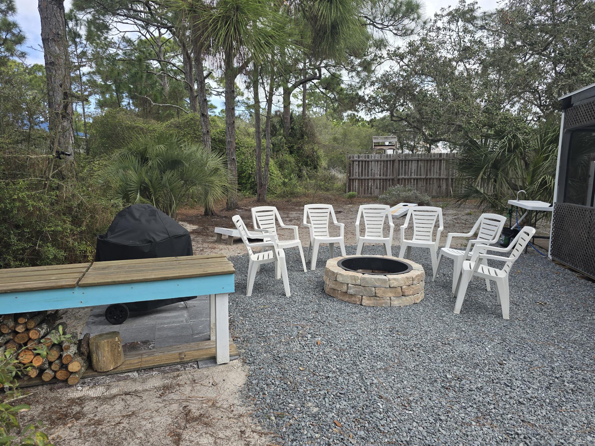 Fire pit, 26" Weber grill, corn hole - all in the back yard