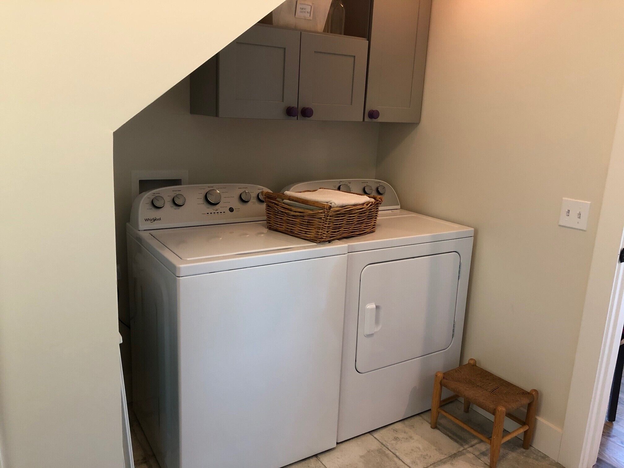 Washer & Dryer plus towels for going to the river/creek. Laundry detergent above