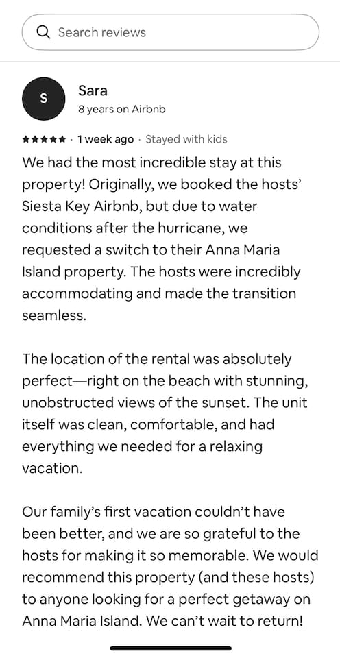 One of our many 5 star reviews from equally fantastic guests. August 2024
