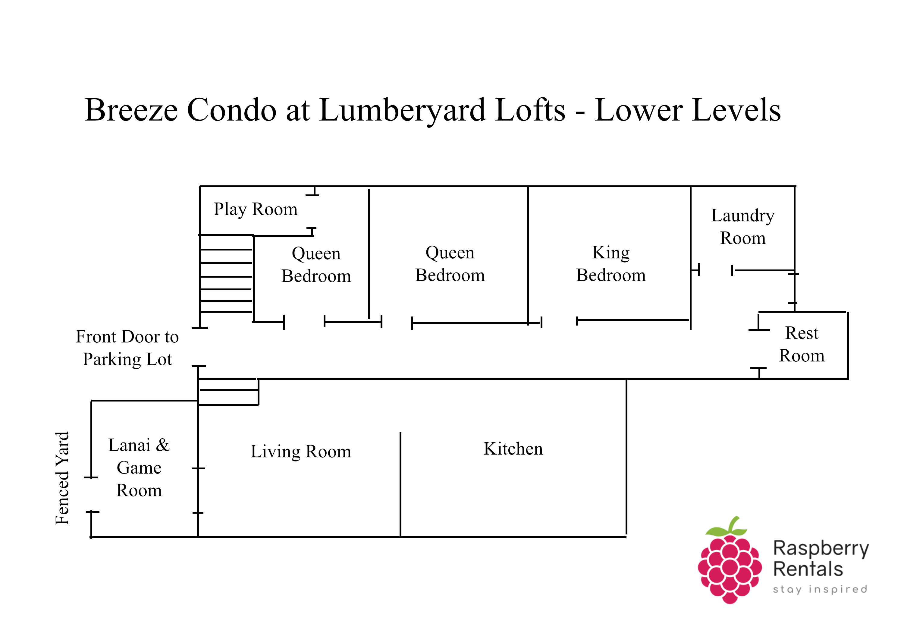 Floorplan to Breeze Condo's Lower Levels showing an entrance that turns right and goes down to the living room, kitchen and game room, or straight ahead to two queen bedrooms and one king bedroom, then laundry and a rest room.
