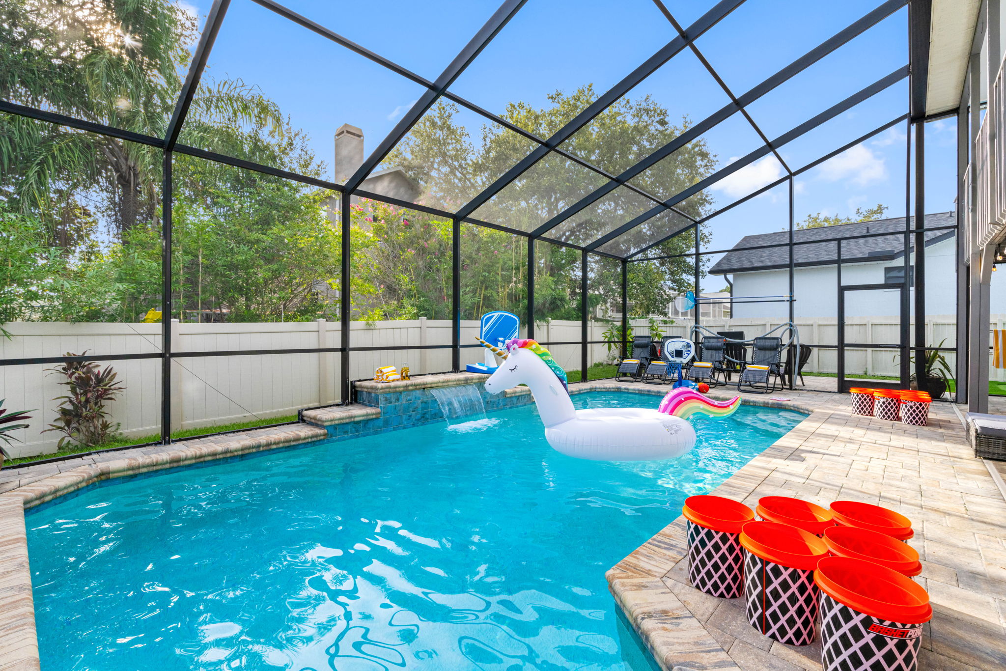 The screened pool is one of the standout features that truly makes your stay unforgettable.