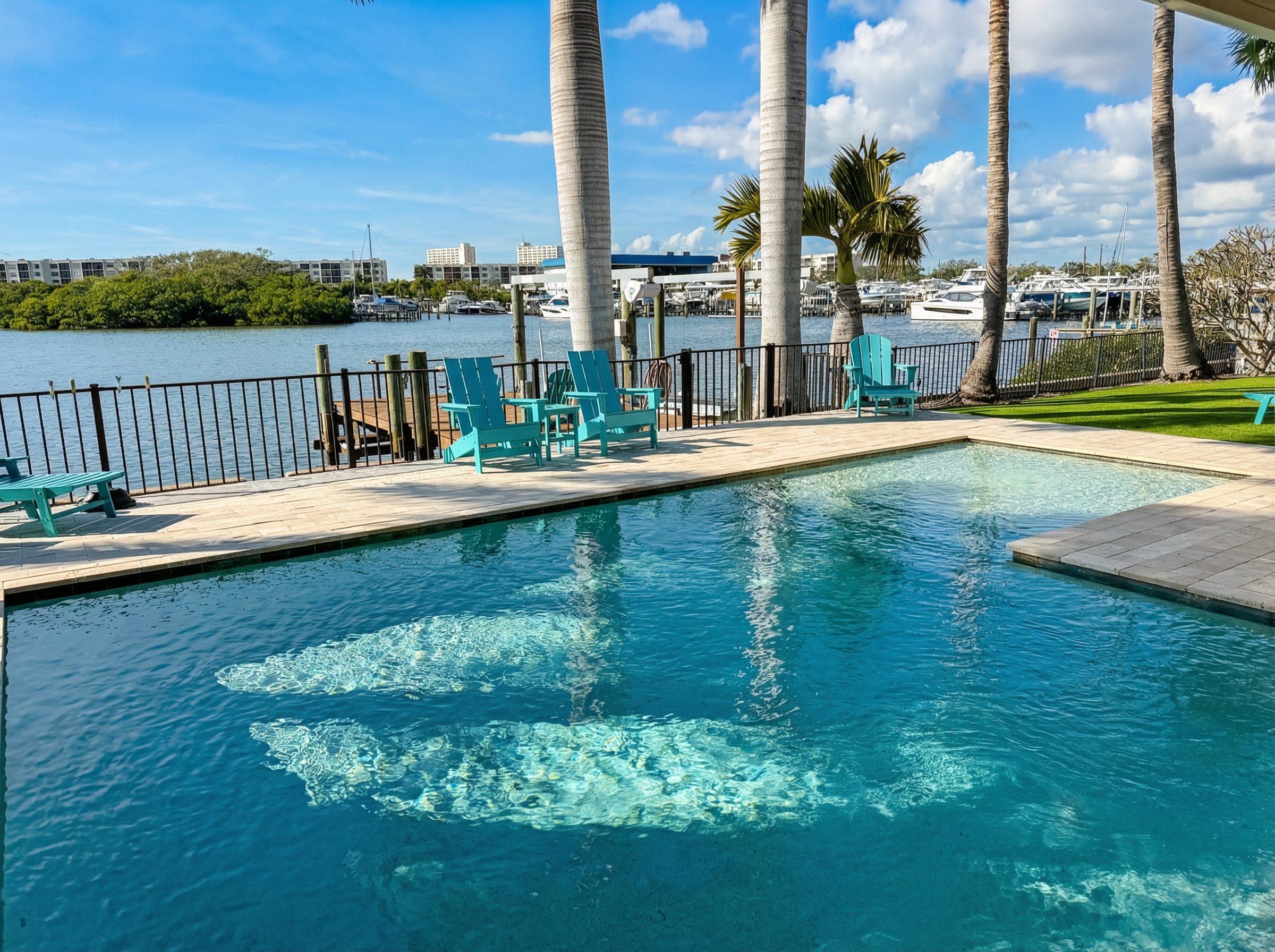 Heated pool with large sun deck for relaxing and vibing