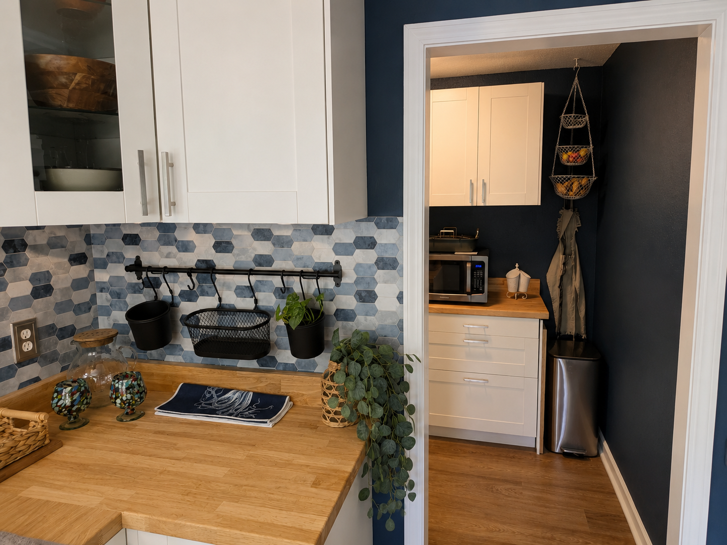 Convenient coffee and prep station with counter space, small appliances and everything close at hand.