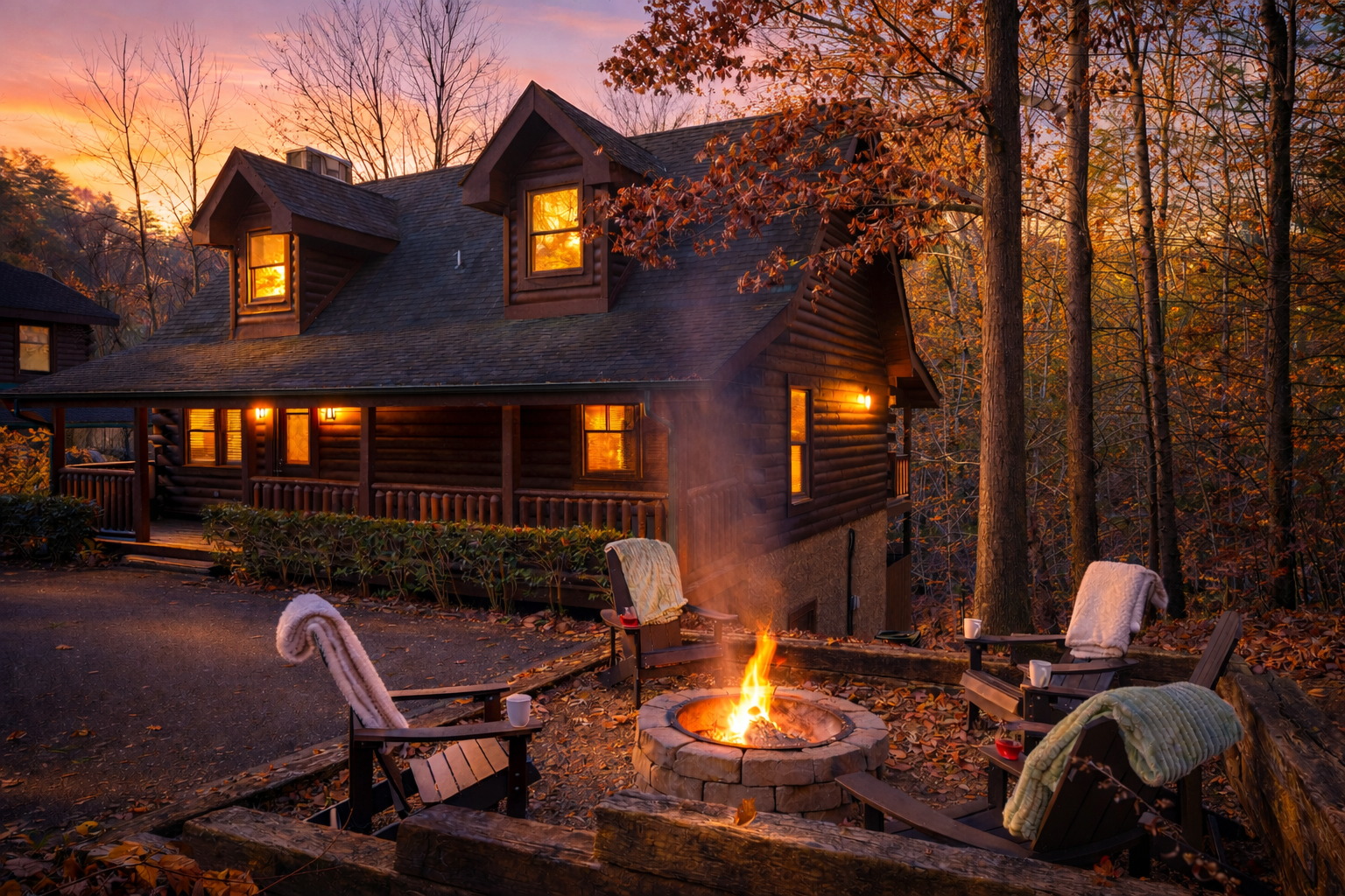 With starry nights and cozy chairs surrounding the fire pit, you won't want the Smoky Mountain nights to end or your stay at Mighty Oaks Mountain Retreat.