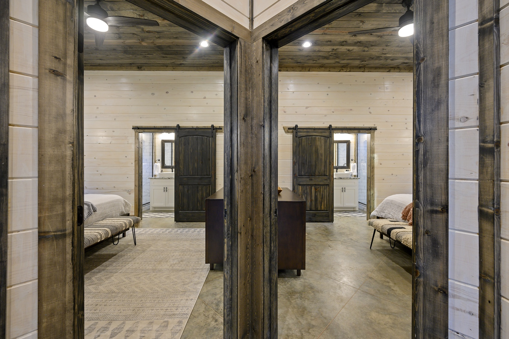 A peaceful corridor opens to restful spaces on both sides. The design guides you from lively gatherings to quiet retreat without missing a beat.