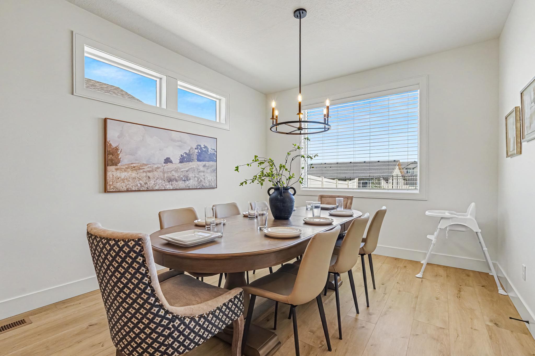 Gather around the spacious dining table with seating for eight, and enjoy the convenience of a highchair for your little ones.