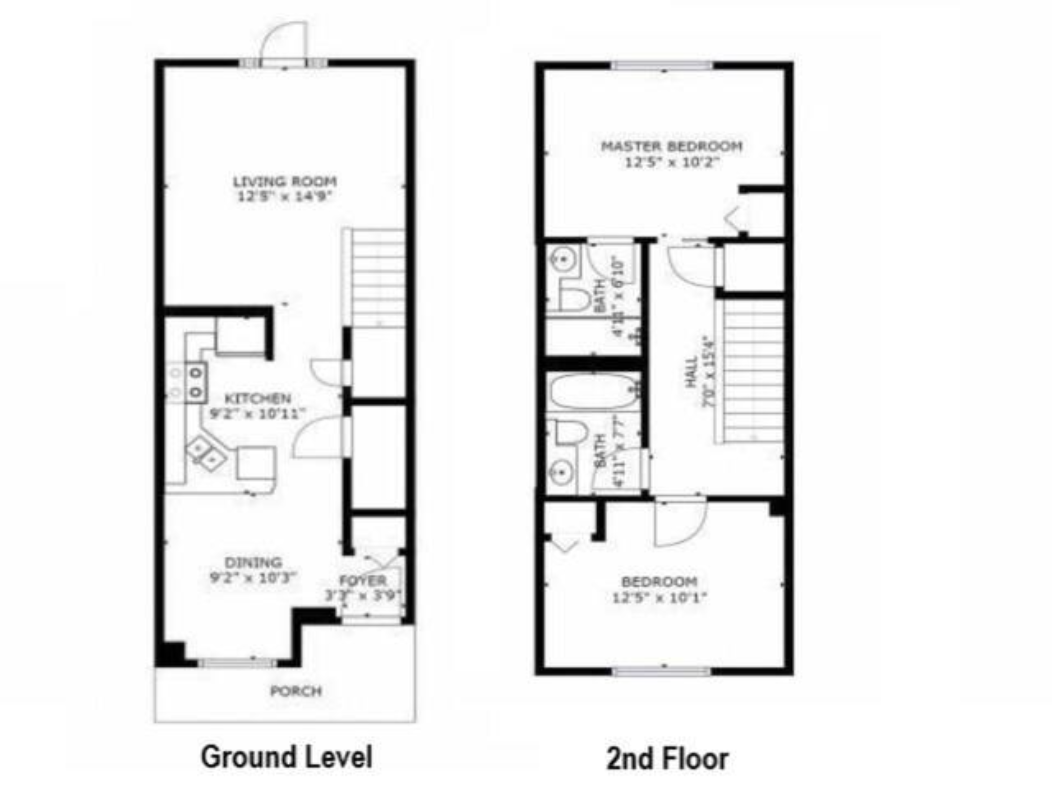 Floor Plan. Private foyer entrance on the ground level.  Dining room adjacent to kitchen. Living room with vaulted ceiling, TV, fireplace, open to outside patio. 

Two bedrooms, and two bathrooms on upper level.  