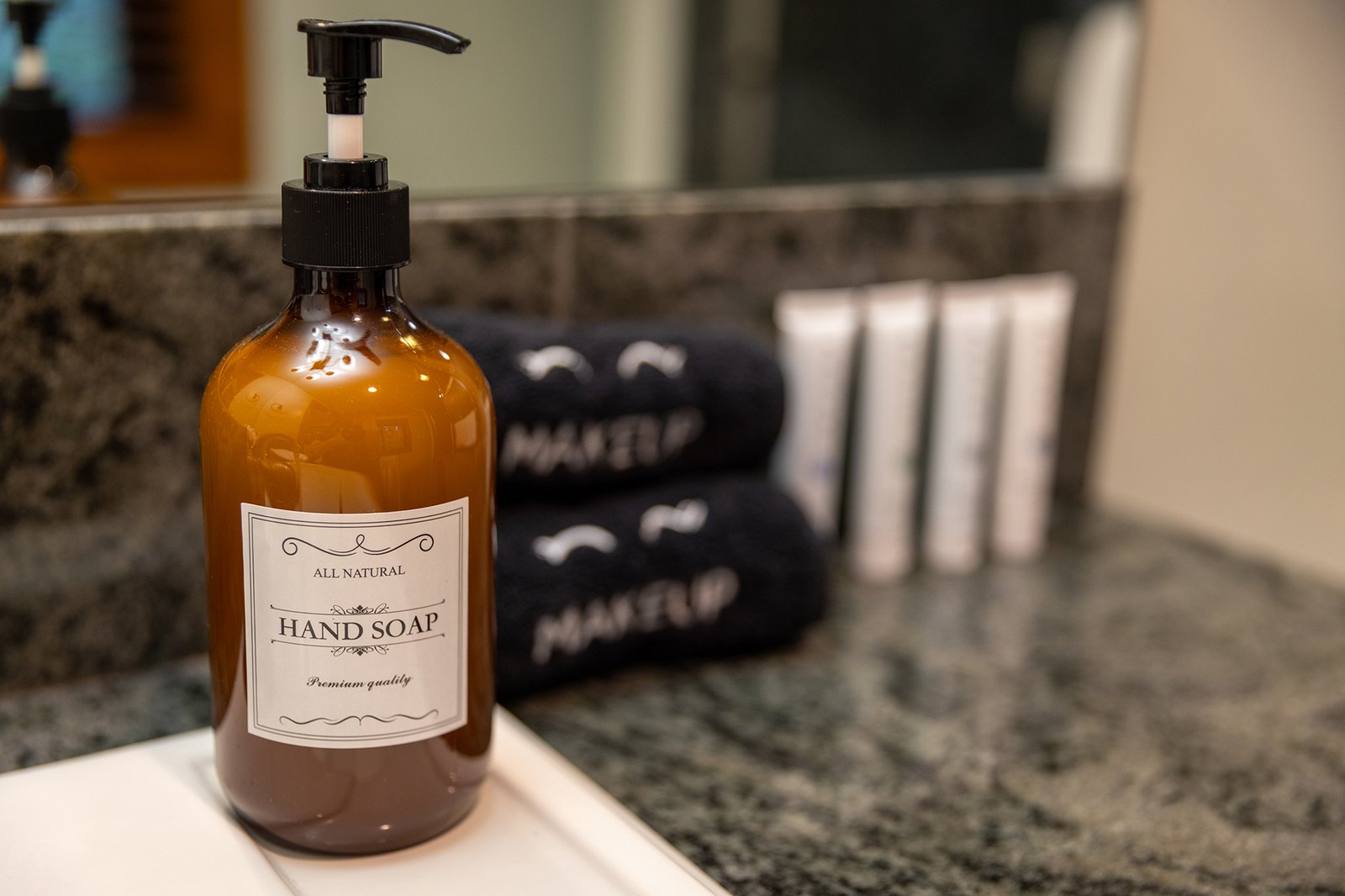 Little bath touches handled — hand soap and fresh towels set out so you never have to go looking.