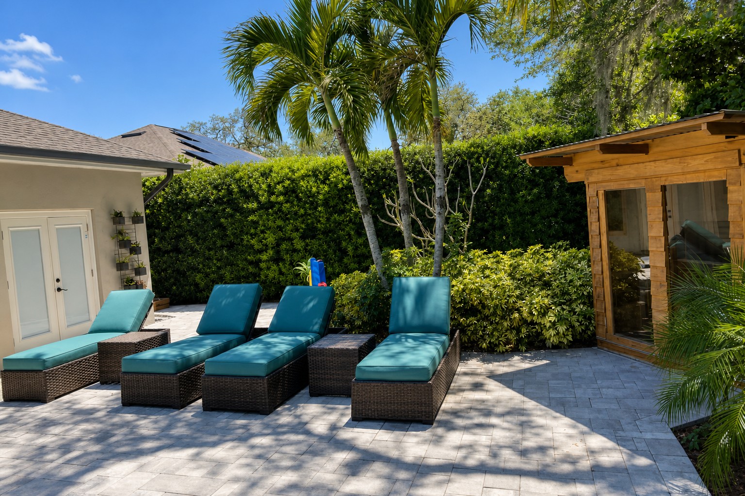 Kick back on poolside loungers under the shady pergola.