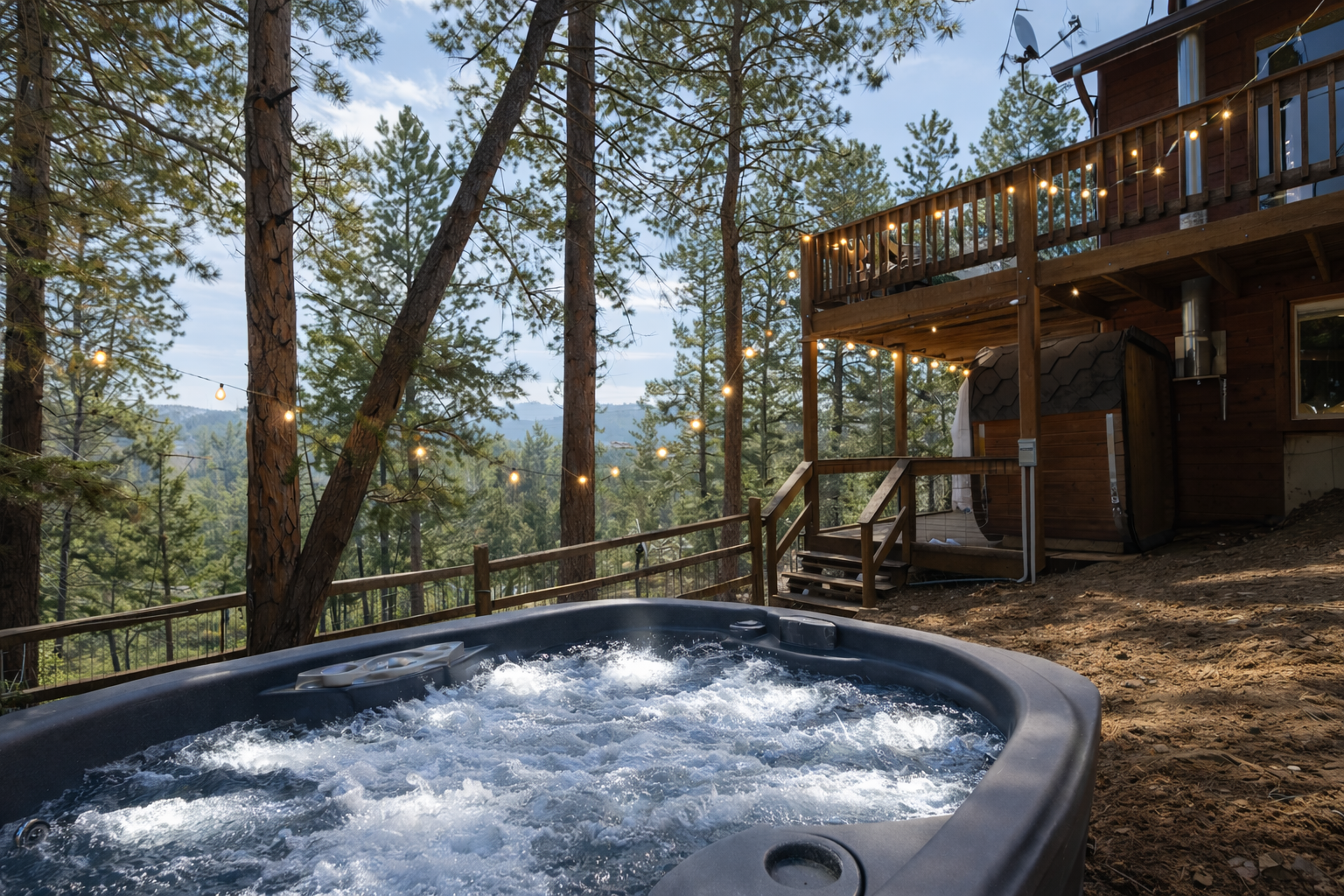 💦🌲 Private hot tub under the pines with string lights ✨—unwind with bubbling soaks, fresh mountain air, and peaceful forest views 🌄
