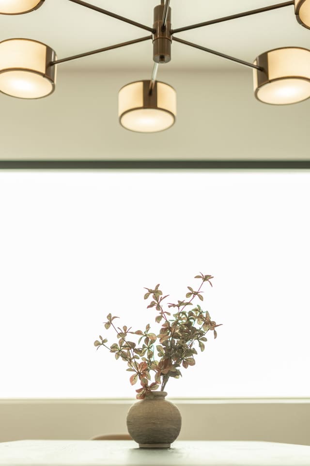 Elegant dining detail with modern chandelier lighting, creating a warm and inviting atmosphere.