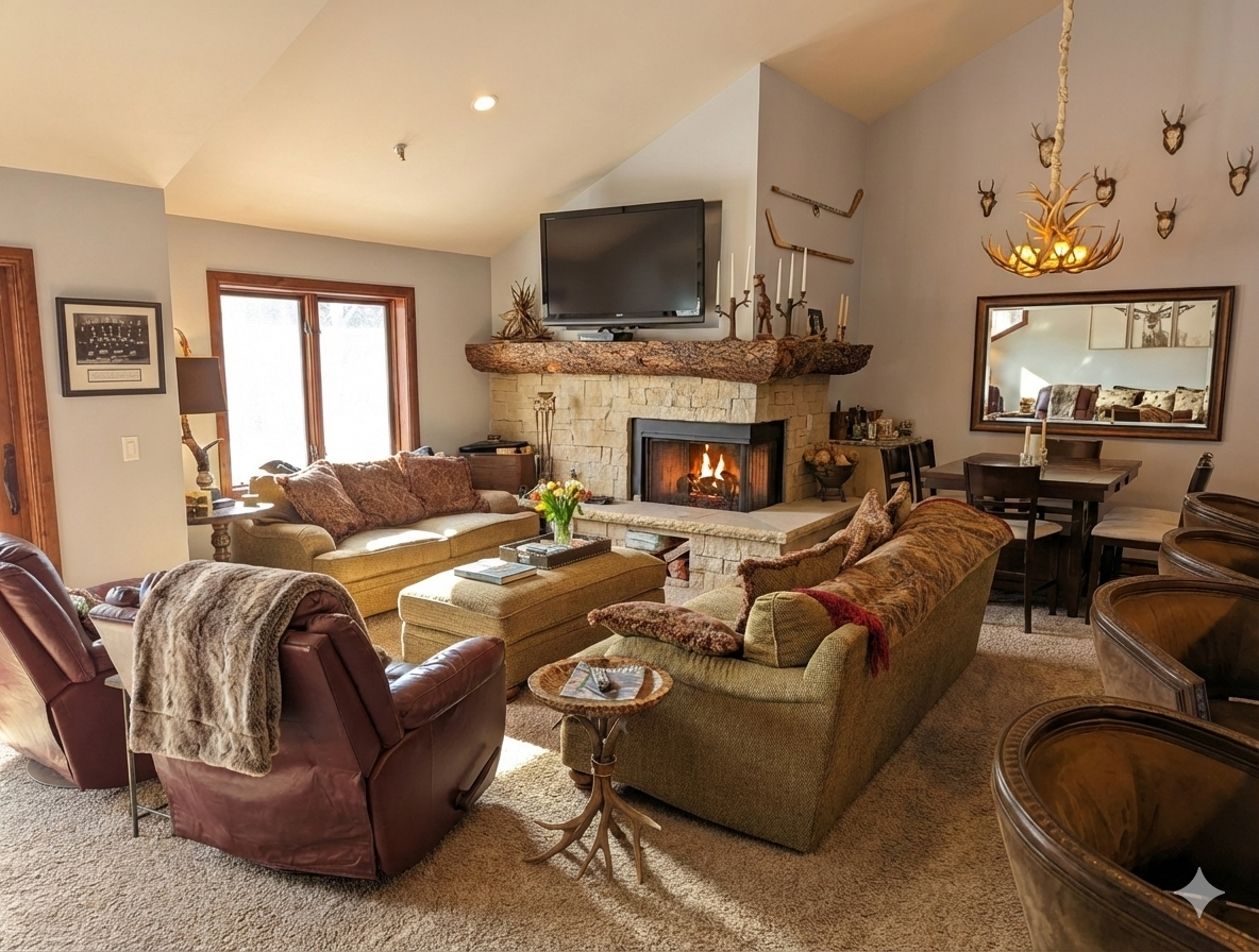 Relax in the cozy living room with a gas fireplace and plenty of seats for the entire group.