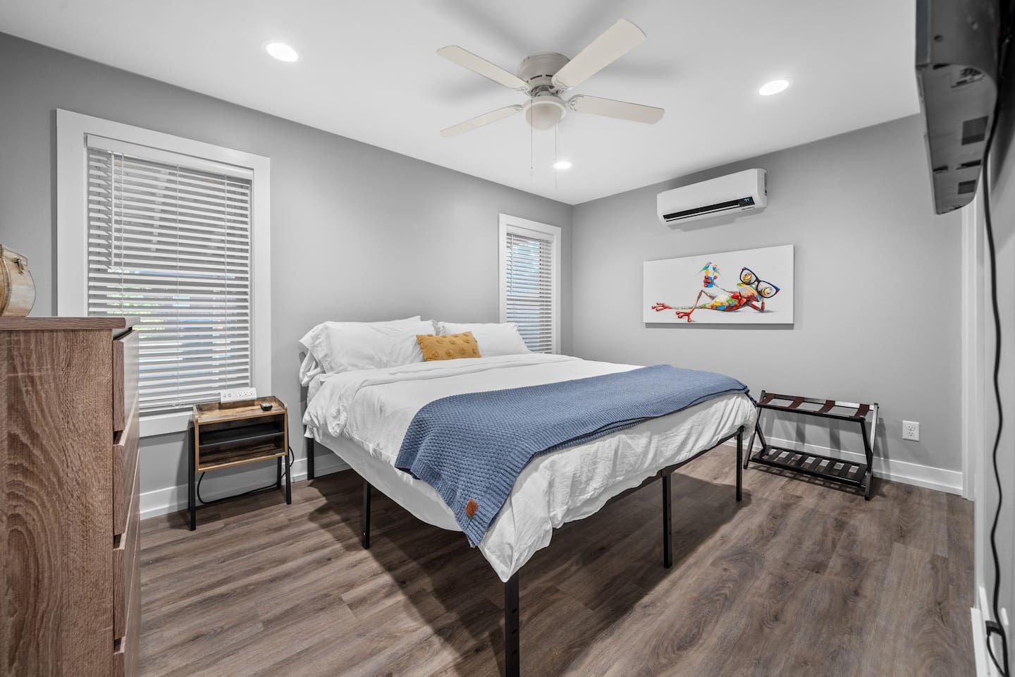 The 2nd King Bedroom features Bedside Tables with Chargers, a Smart TV and Mini Split for Maximum Climate Control.