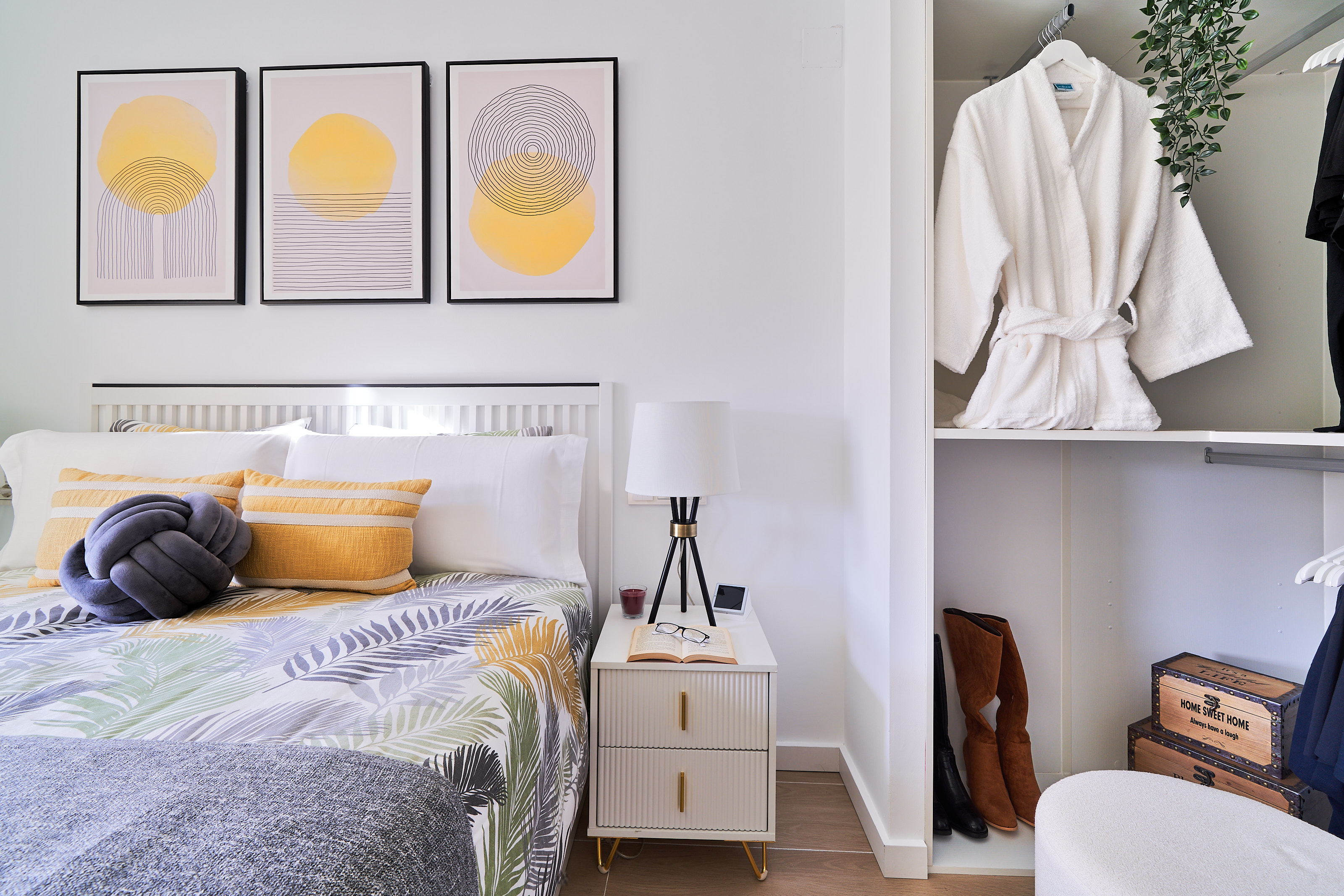 Bright and elegant master bedroom with a private terrace, walk-in wardrobe, and a serene atmosphere designed for restful nights.