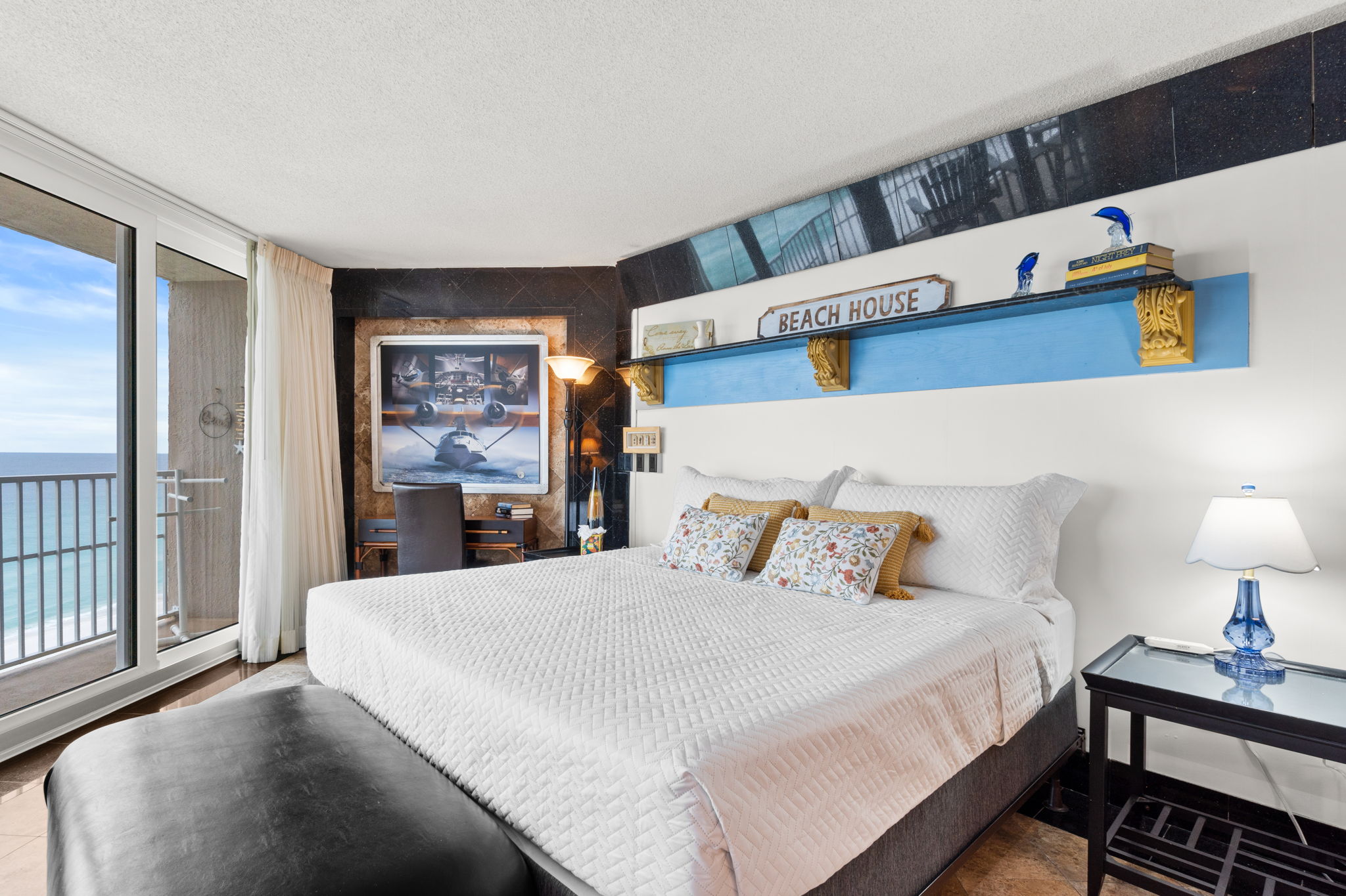 Bedroom 1 with King Bed, Balcony Access, and Beach Views