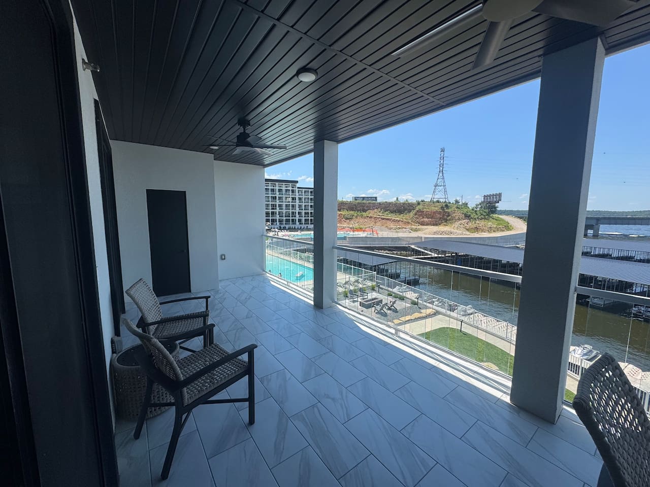Great views of the pools and marina through the glass railing