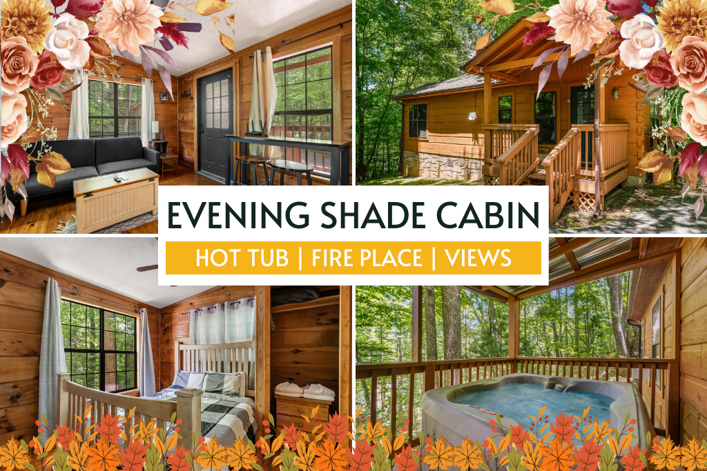Evening Shade Cabin features a private hot tub, fireplace, and scenic forest views.