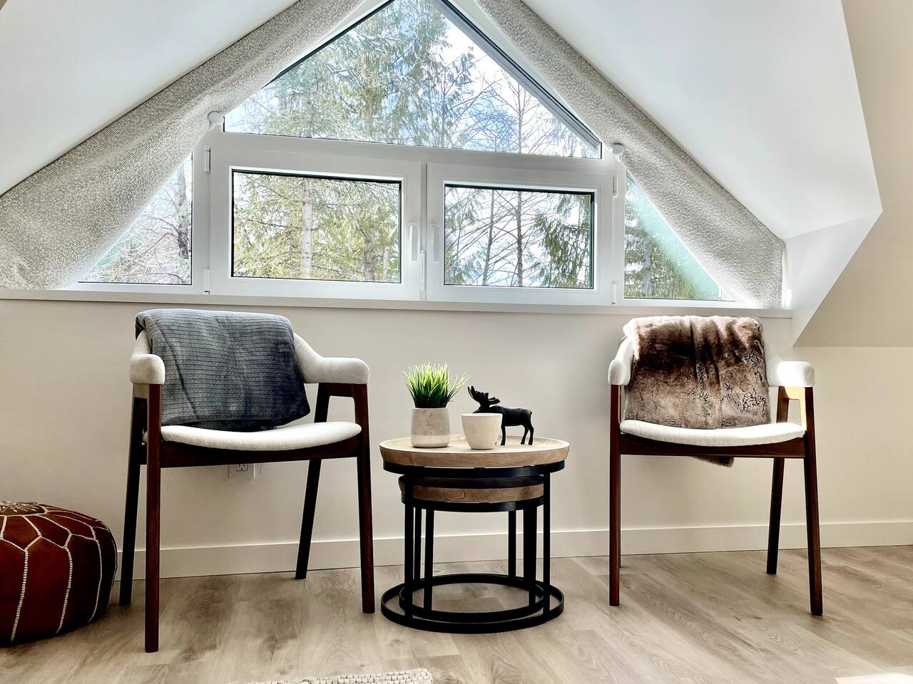 Top floor master bedroom seating area overlooks Whistler mountain, Fitzsimmons Creek and Excalibur Gondola. 