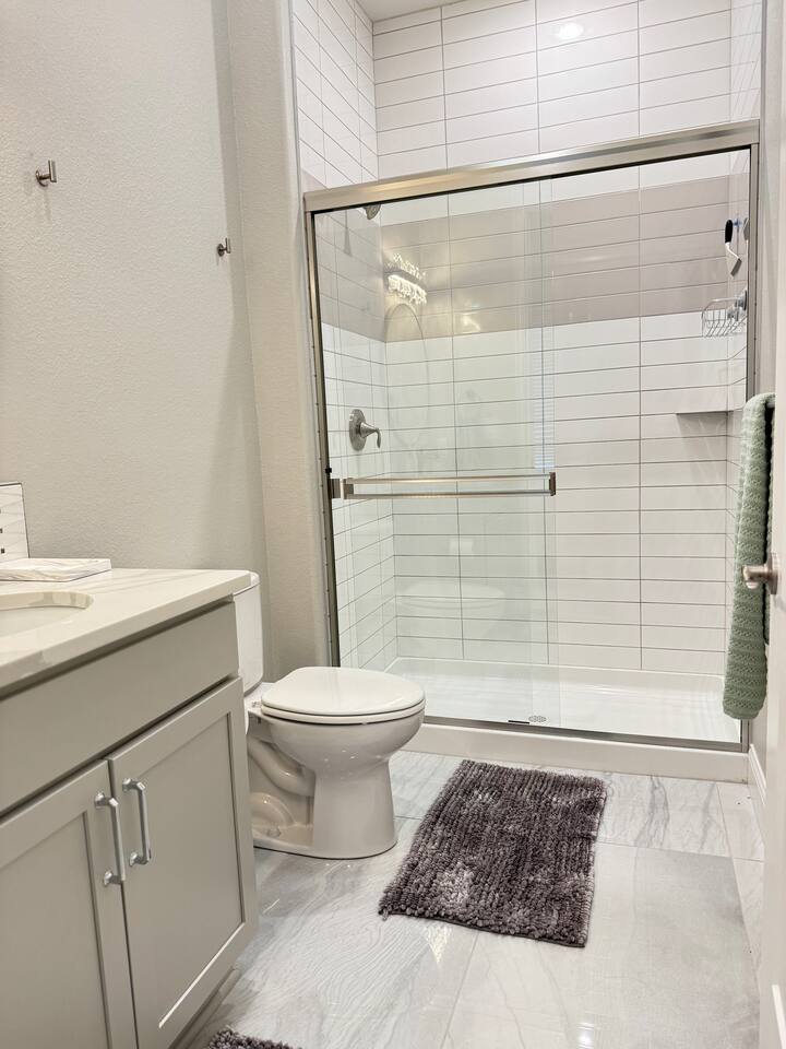 Walk-in shower, toilet, sink, towels, and toiletries. 
