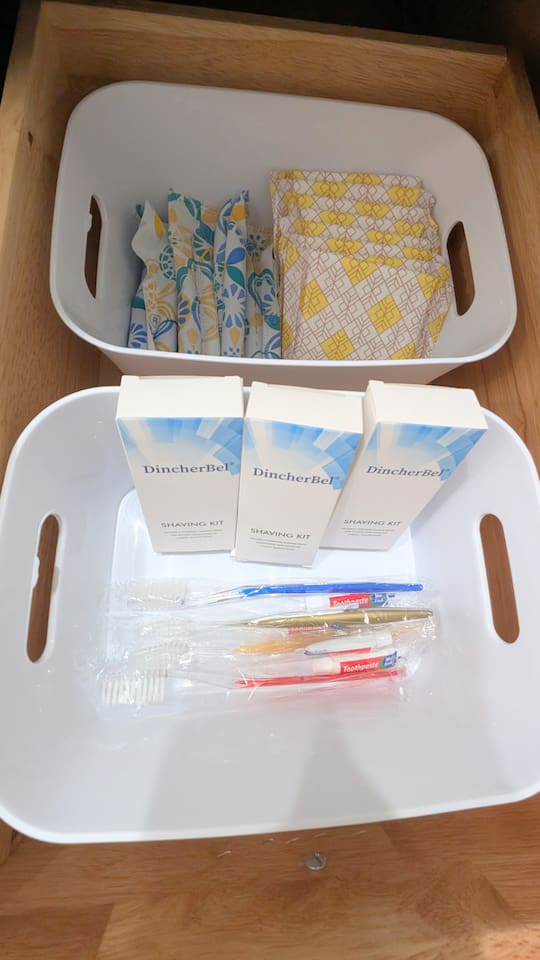 Forgot something? Feminine products, shaving kits, and toothbrushes with toothpaste are stocked. 